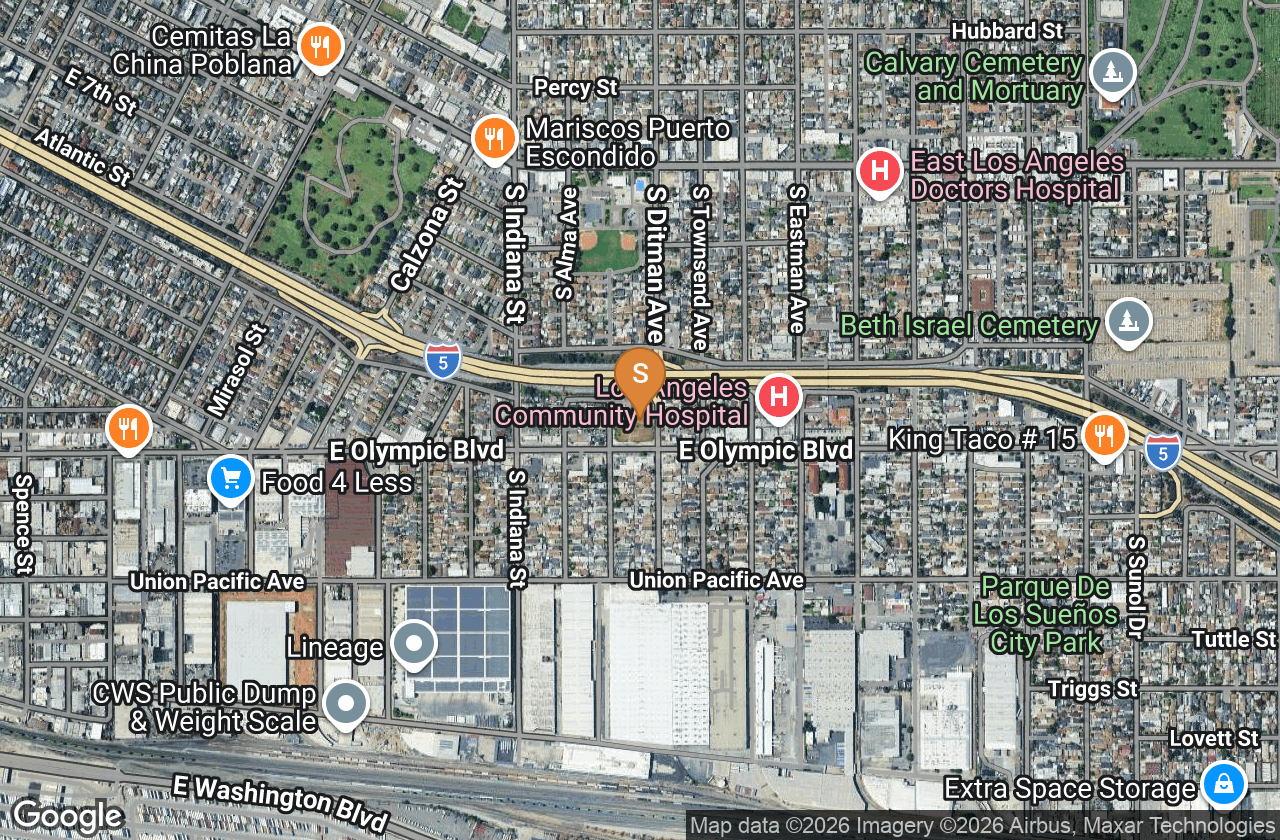 Neighborhood aerial — subject at Olympic Blvd and I-5, East Los Angeles