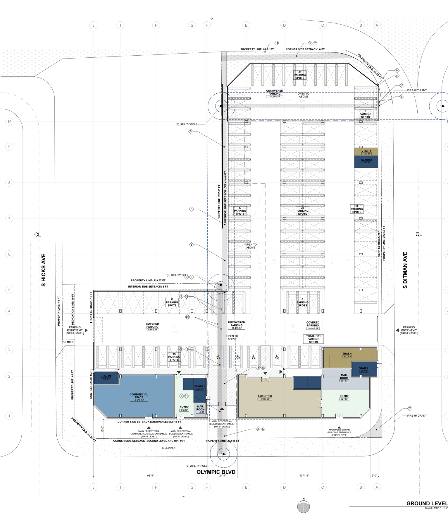 Ground level plan — 101 parking stalls, commercial space, amenities, entries