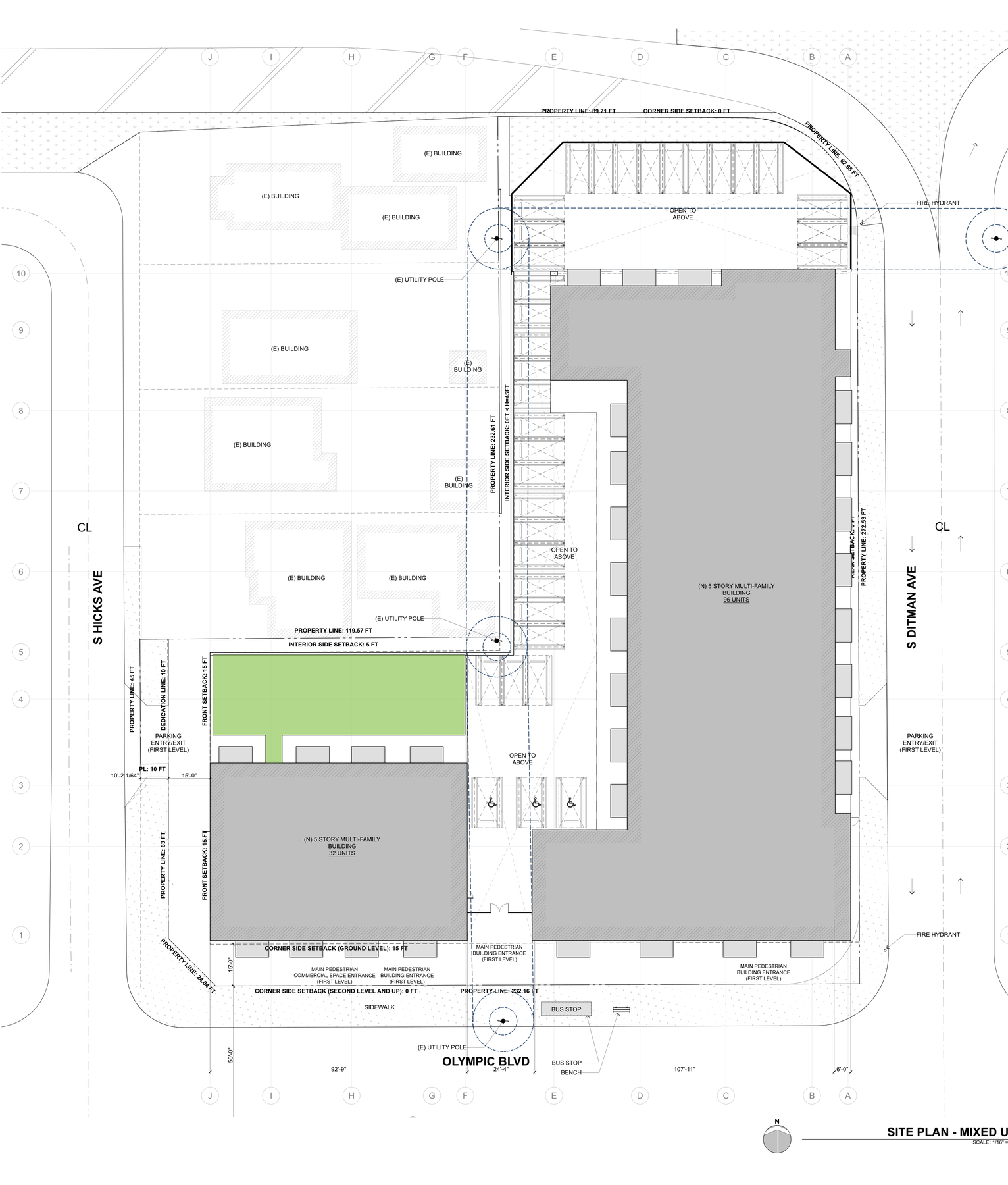 Site plan — two 5-story buildings, 128 units, Olympic/Ditman/Hicks frontages